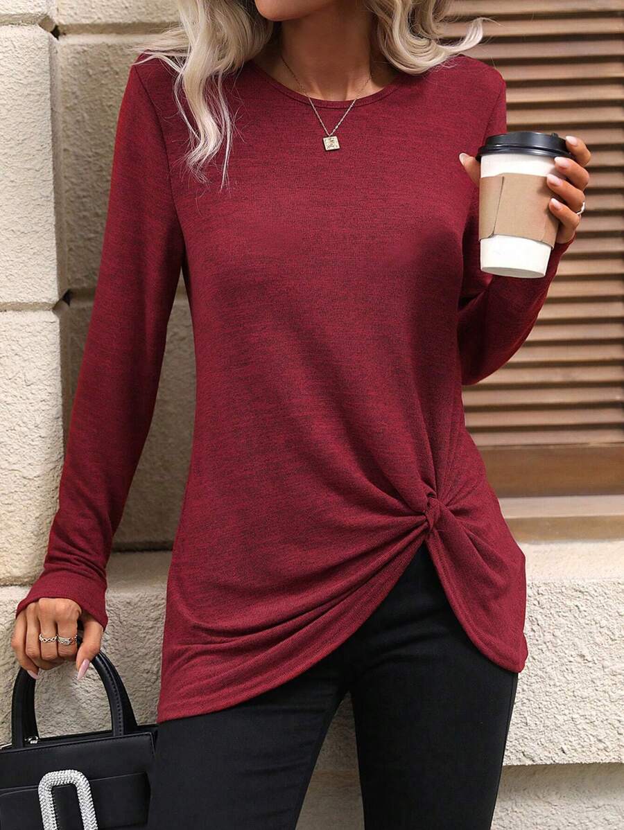 EMERY ROSE Solid Twist Hem Tee For New Year Clothes Fall Cloth For Women - Red - View 1