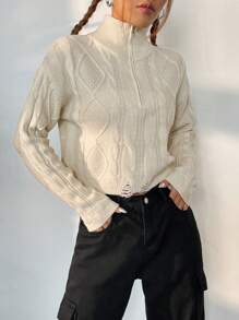 SHEIN Unity Cable Knit Drop Shoulder Half Zip Up Sweater - Apricot - View 5