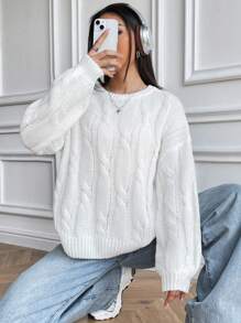 Flirla Cable Knit Drop Shoulder Sweater,Long Sleeve Tops Knit Pullover Fall Winter Outfit - White - View 3
