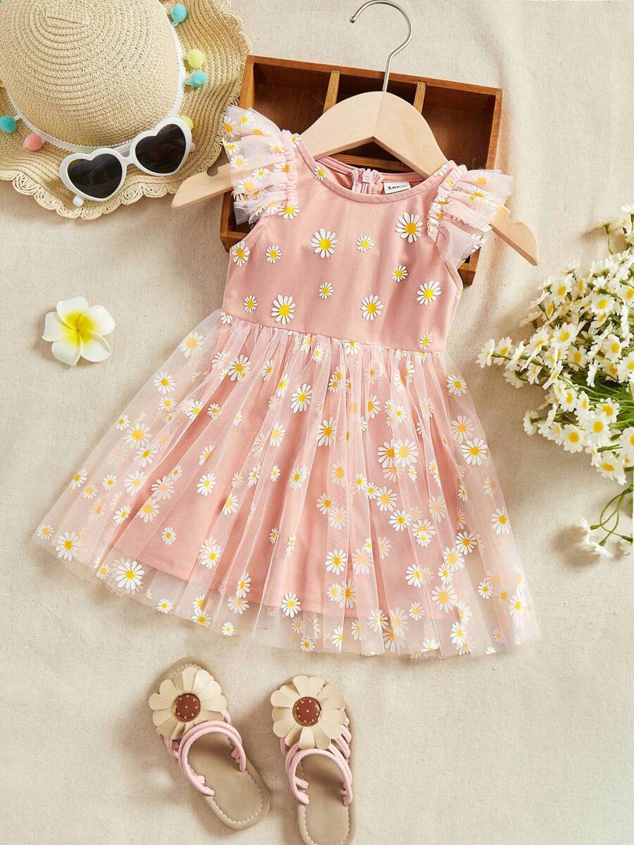 Baby Girl Floral Print Ruffle Trim Mesh Overlay Dress - Multicolor - View 1