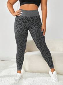 Gameset SHEIN Sport Plus Leopard Print Tummy Control Sports Leggings - Dark Grey - View 3