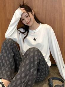 DAZY Camiseta de manga caída con estampado de estrella Y2K - Blanco - Ver 2