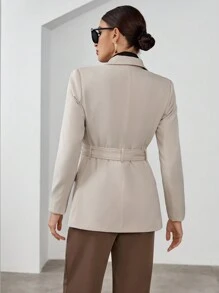 SHEIN Privé Lapel Neck Belted Blazer - Khaki - View 2