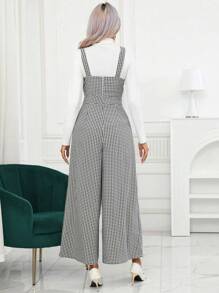 SHEIN Privé Gingham Print Wide Leg Jumpsuit Without Tee - Black and White - View 2