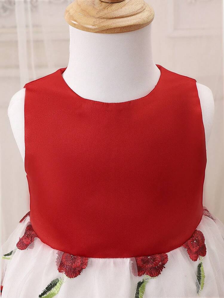 Baby Girl Bow Front Flounce Sleeve Jacket & Floral Embroidery Mesh Overlay Dress