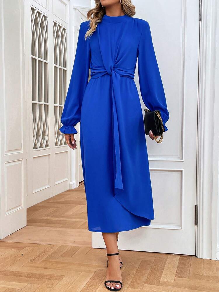 Mock Neck Flounce Sleeve Knot Front Dress Fall Cloth For Women