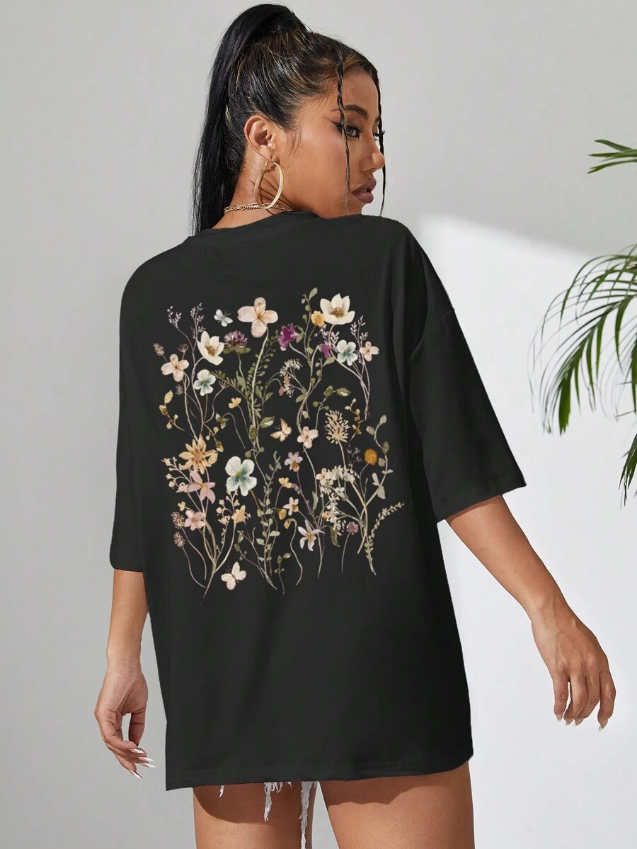 INAWLY Floral Print Drop Shoulder Tee Graphic Tees Women Tops - Black - View 1