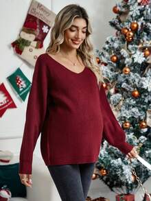 SHEIN Áo len trễ vai cổ chữ V dành cho bà bầu - Màu Đỏ Sâu - Xem 4