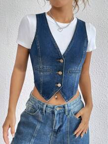 SHEIN EZwear Button Front Crop Denim Vest Jacket - Medium Wash - View 5