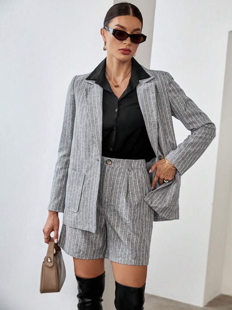 Striped Print Single Button Blazer & Shorts