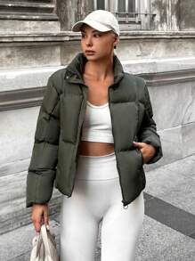 RueChic Slant Pocket Zip Up Puffer Coat - Dark Green - View 4