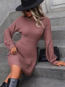 SHEIN LUNE 素色落肩袖毛衣洋裝 - 中紫紅色 - 查看 3