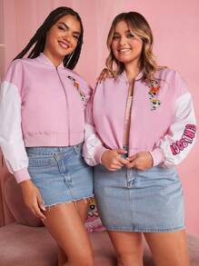 THE POWERPUFF GIRLS X SHEIN 1入組卡通和字母圖案落肩袖飛行員夾克 - 淺粉色 - 查看 3
