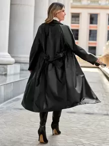 Firerie Lapel Neck Double Breasted Belted PU Leather Coat In Fall/Winter - Black - View 2