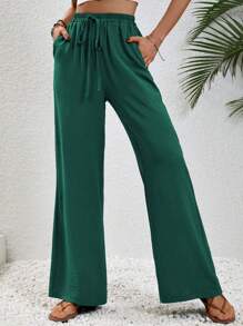 SHEIN LUNE Knot Waist Wide Leg Pants Fall Cloth For Women - Dark Green - View 4