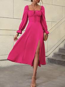SHEIN Privé Tie Front Flare Sleeve Split Thigh Dress - Hot Pink - View 3