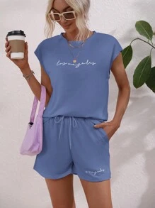 SHEIN Essnce Camiseta con estampado de letra de manga murciélago & Shorts de cintura con cordón - Azul - Ver 6