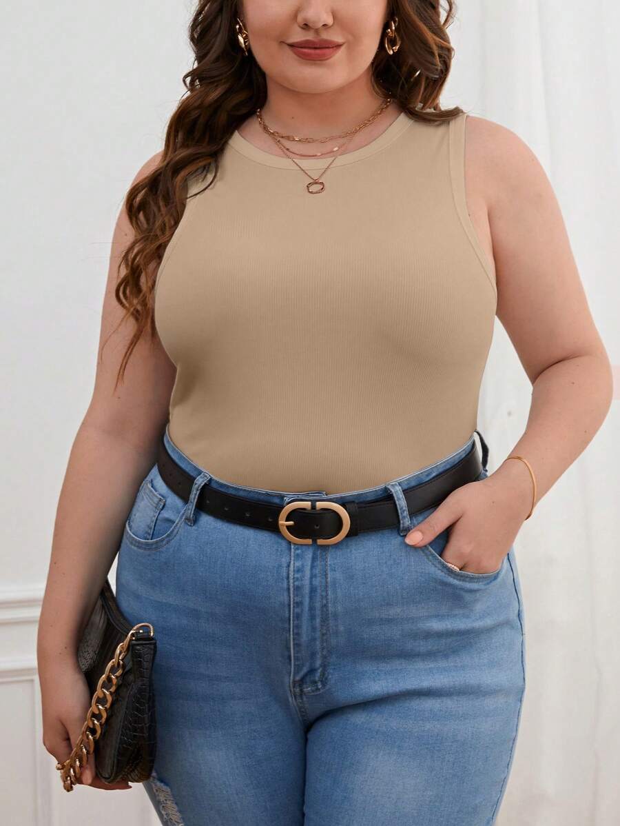 SHEIN Essnce Hơn Chất rắn Áo ba lỗ - Màu Khaki - Xem 1