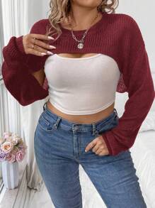 Calvaya 大碼落肩袖超短版套頭毛衣不附吊帶上衣 - 酒紅色 - 查看 3