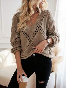 Aveloria 落肩镂空针织套头衫秋冬毛衣 - 摩卡棕 - 查看 4