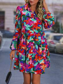 SHEIN LUNE Allover Leaf Print Lantern Sleeve Ruffle Hem Smock Dress - Multicolor - View 3