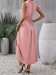 SHEIN Clasi 素色前紐扣高衩洋裝 - 粉色 - 查看 2
