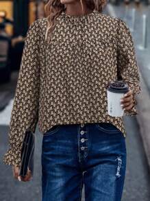 SHEIN LUNE Allover Print Flare Sleeve Blouse