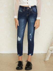 Tween Girl Ripped Raw Hem Jeans - Dark Wash - View 4