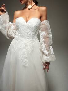 Off Shoulder Detachable Lantern Sleeve Mesh Wedding Dress - Beige - View 7