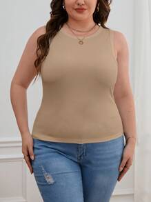 SHEIN Essnce Hơn Chất rắn Áo ba lỗ - Màu Khaki - Xem 3