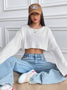 SHEIN Unity Áo len crop tay dài vai rớt, áo len dệt kim mùa thu đông. - trắng - Xem 6