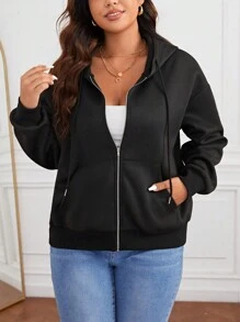SHEIN Essnce 秋冬加大拉链落肩抽绳连帽夹克 - 黑色 - 查看 5