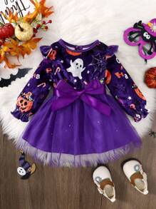 女嬰萬聖印花網紗拼接前蝴蝶結洋裝 - 紫羅蘭色 - 查看 1