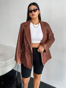 Flirla 大碼西裝領雙排釦亮面西裝外套 - 棕色 - 查看 4