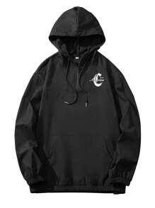 Manfinity EMRG 寬鬆男士標語圖形抽繩連帽衛衣外套 - 黑色 - 查看 2