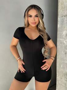 VaVaBold Chất rắn Không lưng Quần áo nịt Romper - màu đen - Xem 5