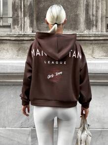 字母圖案落肩袖連帽衫 - 棕色 - 查看 2