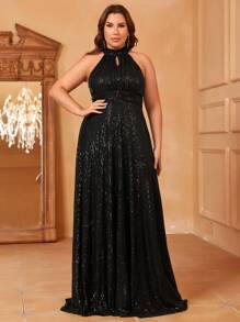 Plus Halter Neck Sequin Formal Dress - Black - View 5