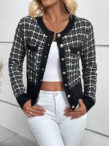 EMERY ROSE Plaid Pattern Button Front Cardigan,Long Sleeve Tops Fall Winter Cloth For Women - Black and White - View 4