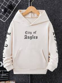 SHEIN Áo nỉ có túi kangaroo, in chữ, dành cho bé trai tuổi teen. - Màu be - Xem 1