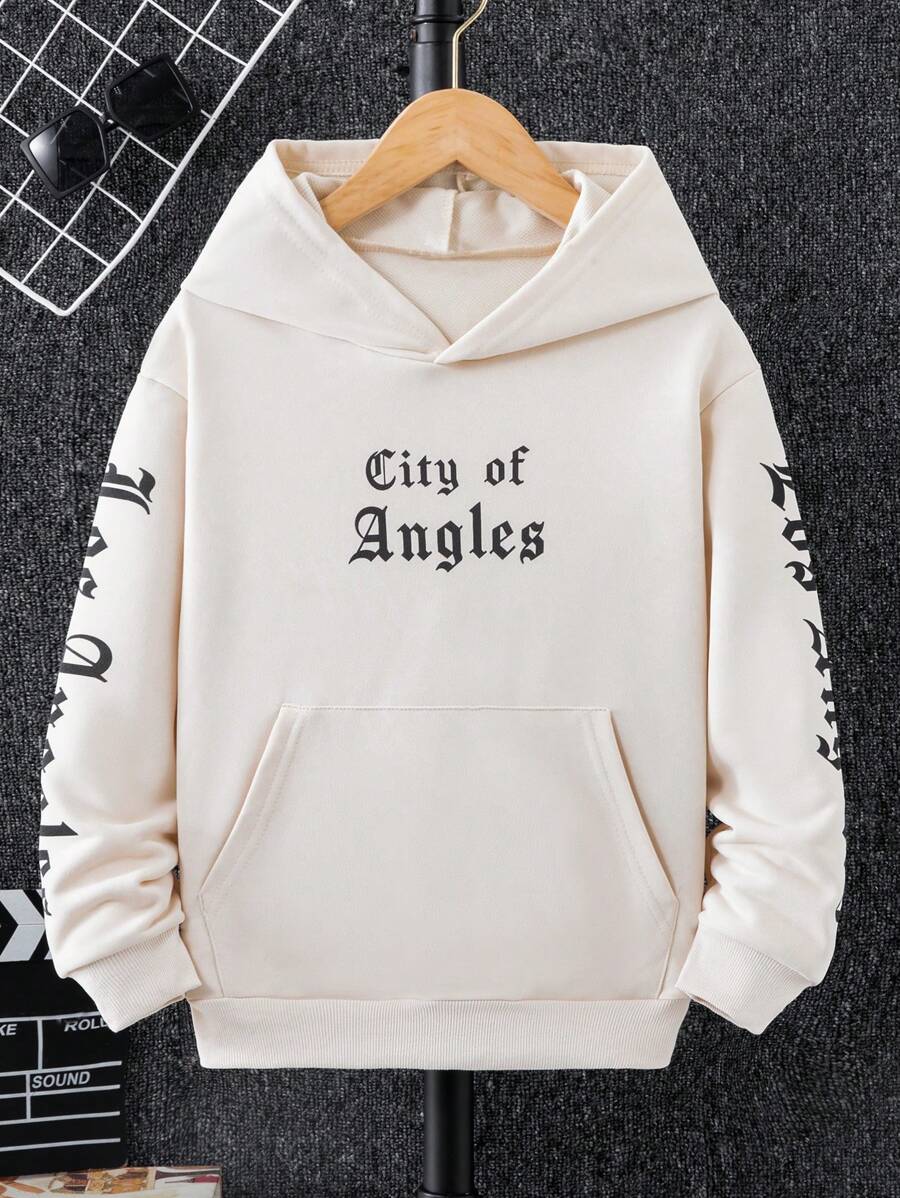 SHEIN Áo nỉ có túi kangaroo, in chữ, dành cho bé trai tuổi teen. - Màu be - Xem 1