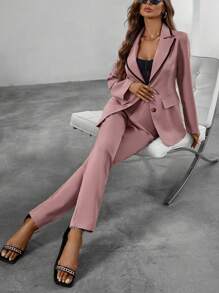 SHEIN Essnce Lapel Neck Single Breasted Blazer & Pants - Pink - View 5