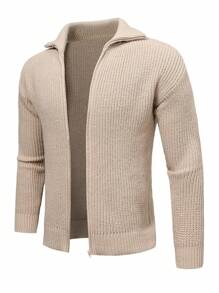 Manfinity Homme Men Solid Zip Up Drop Shoulder Cardigan Chunky Plain Khaki Urban Fashion Plain Drop Shoulder Cardigan, For Husband, Boyfriend Gifts