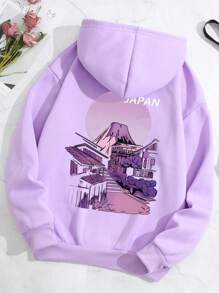 SHEIN EZwear 山和字母圖案袋鼠口袋抽繩保暖連帽衫 - 紫色 - 查看 1