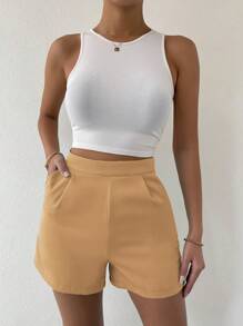 SHEIN Clasi Solid Slant Pocket Shorts - Khaki - View 6