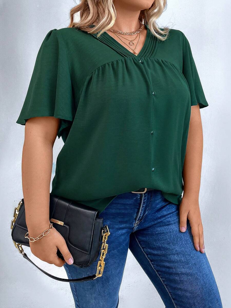 SHEIN LUNE Plus Butterfly Sleeve Button Detail Blouse - Dark Green - View 1