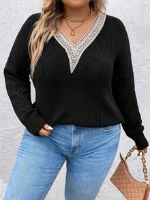 SHEIN LUNE Plus Guipure Lace Panel Drop Shoulder Sweater - Black - View 4