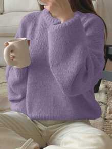 DAZY Solid Drop Shoulder Oversized Sweater,Long Sleeve Tops,Fall Clothes - Mauve Purple - View 2
