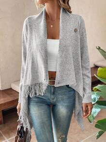 EMERY ROSE 流苏饰纽扣细节开衫、长袖上衣 - 淺灰色 - 查看 4