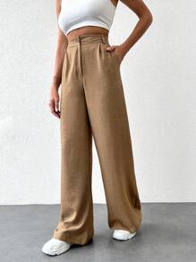EURMUSE Wide Leg Suit Pants - Khaki - View 5